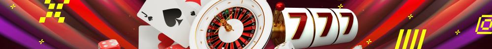 Online casino banner with colorful gambling chips and slot symbols promoting digital gaming platform
